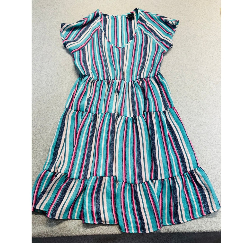 Maison Tara Dress Womens 10 Teal Pink Striped Tiered Summer Boho Casual Babydoll